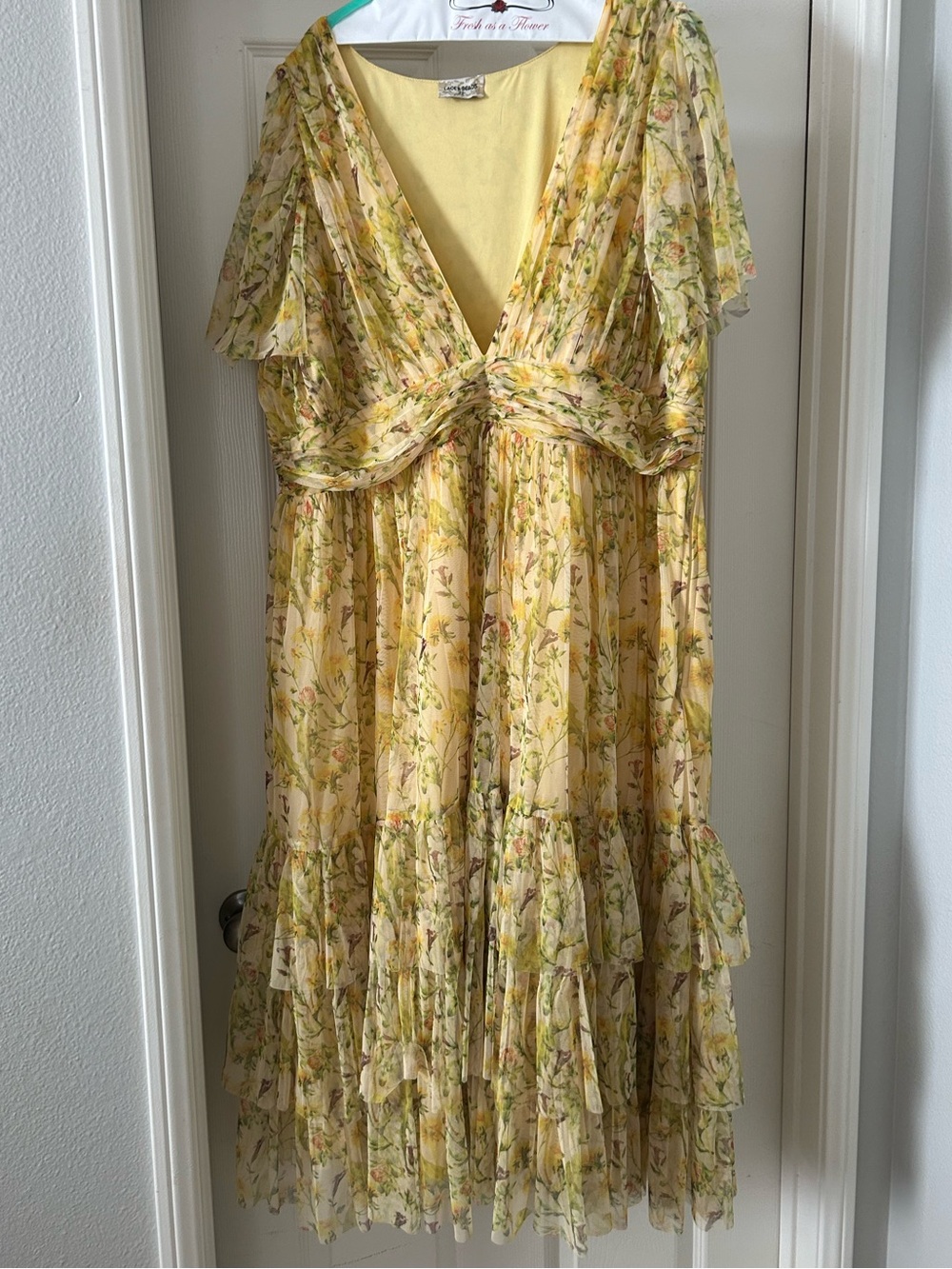 ASOS Curve Yellow Floral V-Neck Ruffle Midi Dress